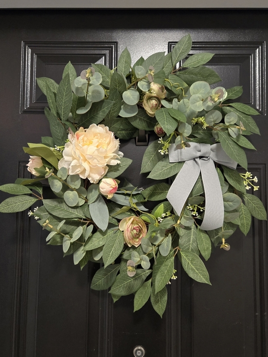 Hand Crafted Other - Spring Everyday Wreath with White Peony, Ranunculus, Greenery, and Cotton Bow